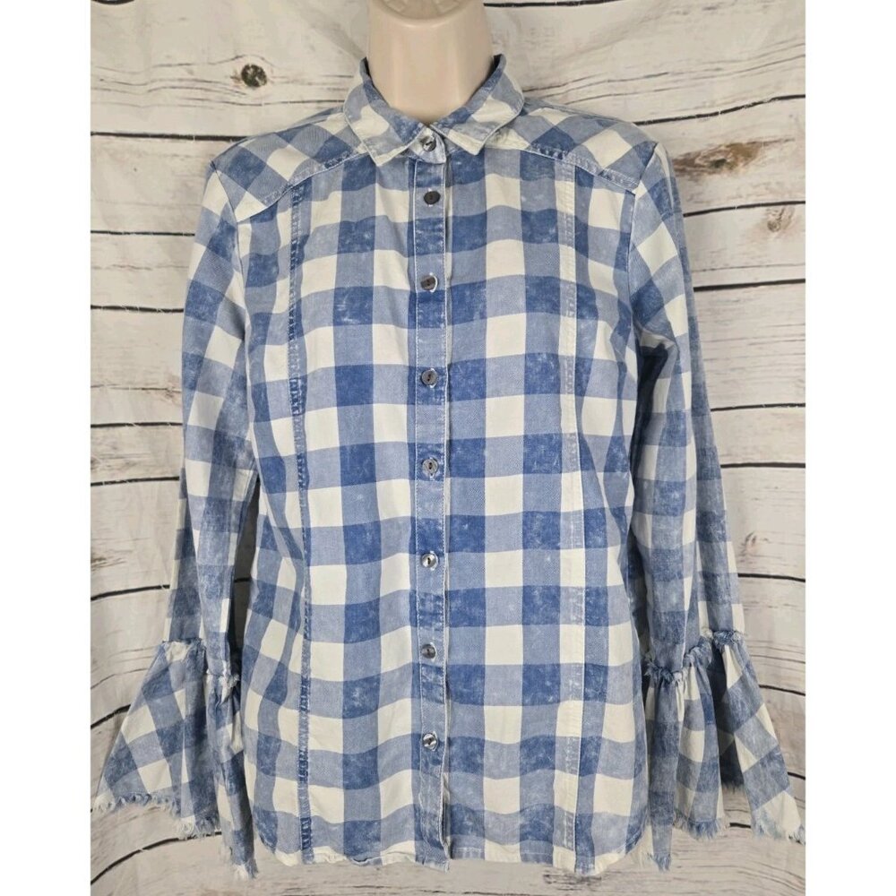 Scully Blue Gingham Button Up Top S Western Festival Bell Ruffle Sleeves Cotton